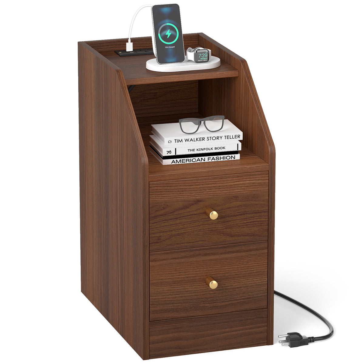 Side End Table with Charging Station & Drawers, Walnut