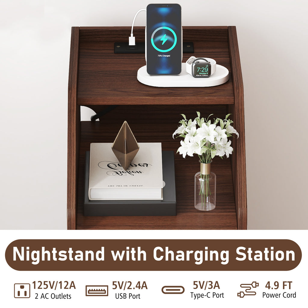 Side End Table with Charging Station & Drawers, Walnut