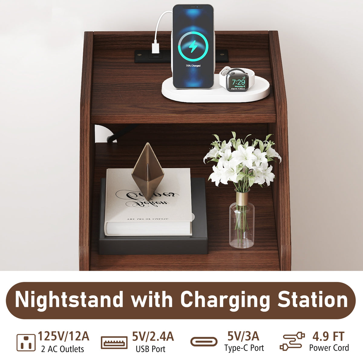 Side End Table with Charging Station & Drawers, Walnut