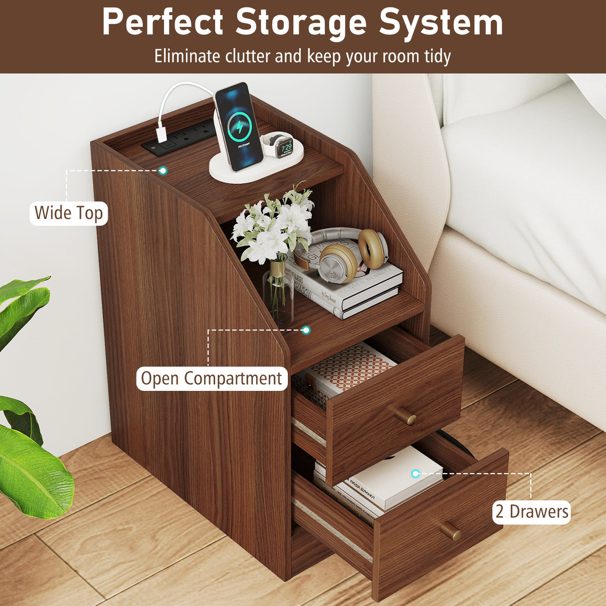 Side End Table with Charging Station & Drawers, Walnut