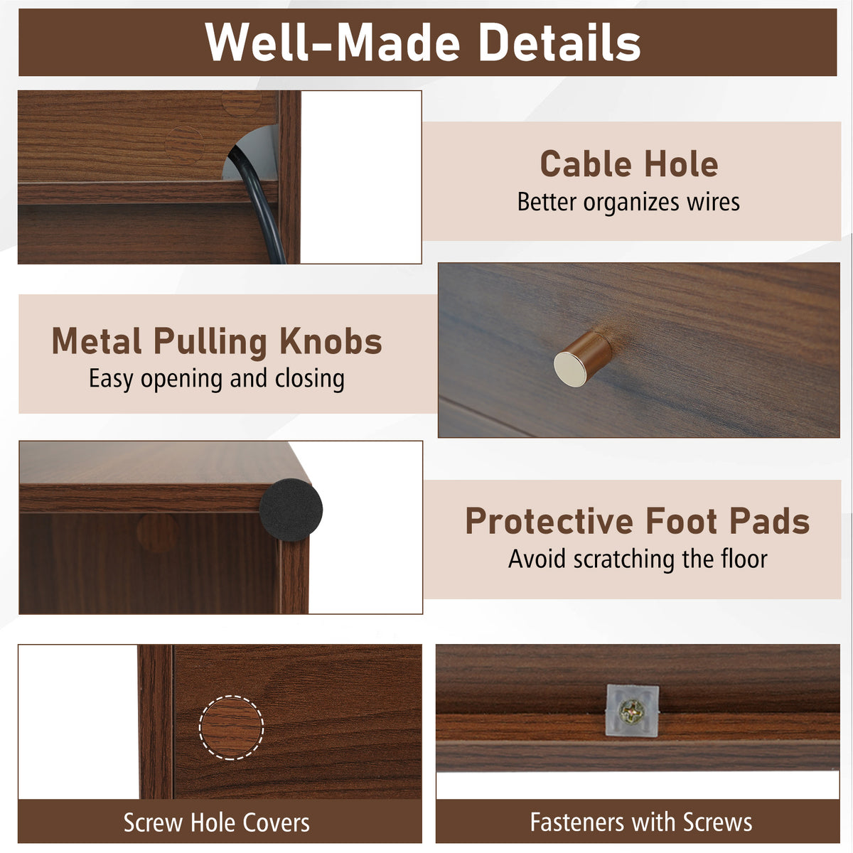 Side End Table with Charging Station & Drawers, Walnut