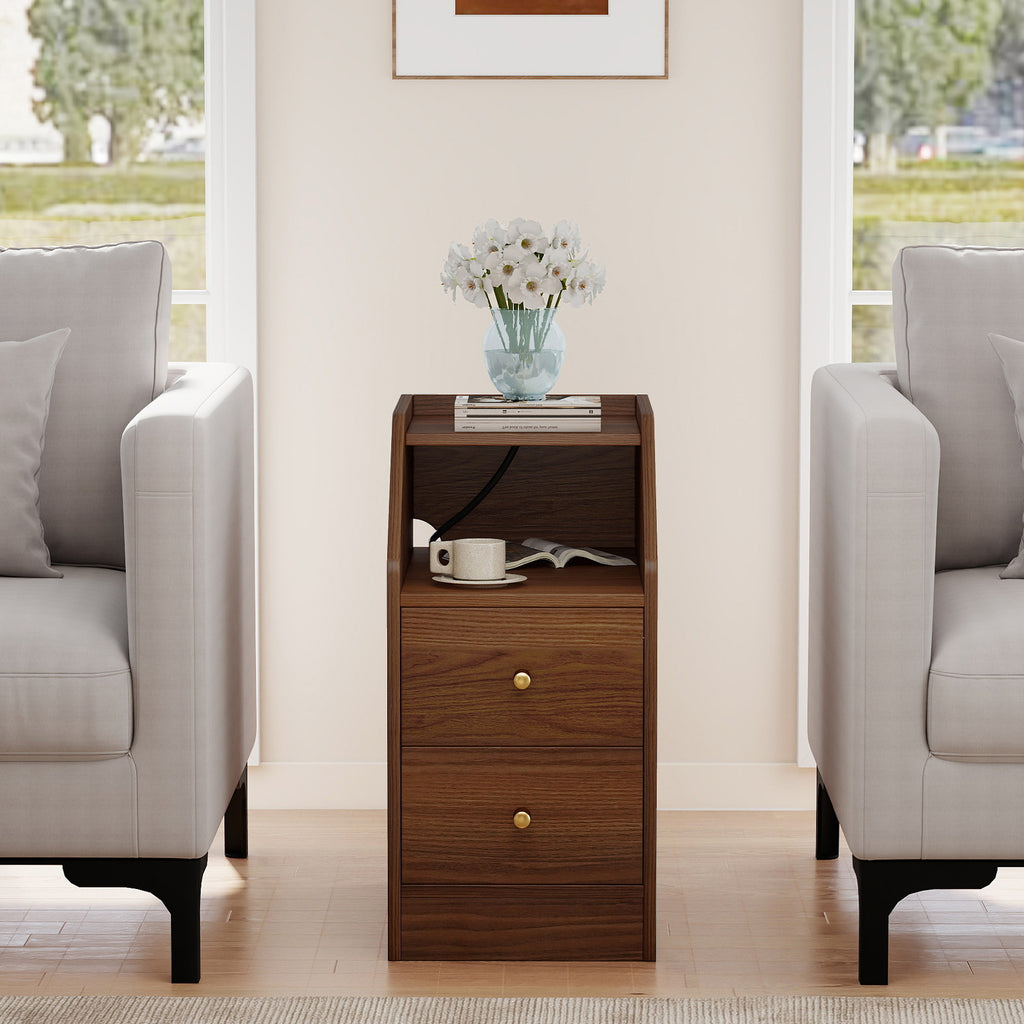 Side End Table with Charging Station & Drawers, Walnut