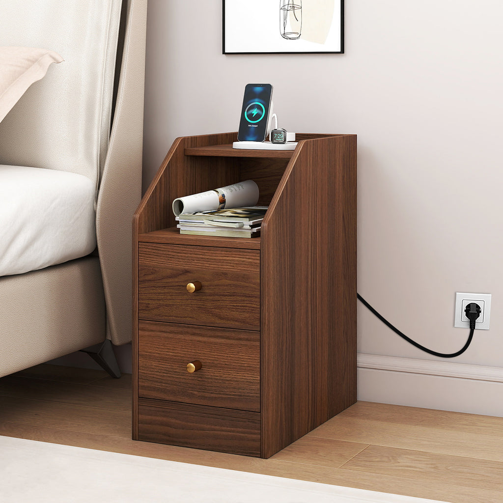 Side End Table with Charging Station & Drawers, Walnut