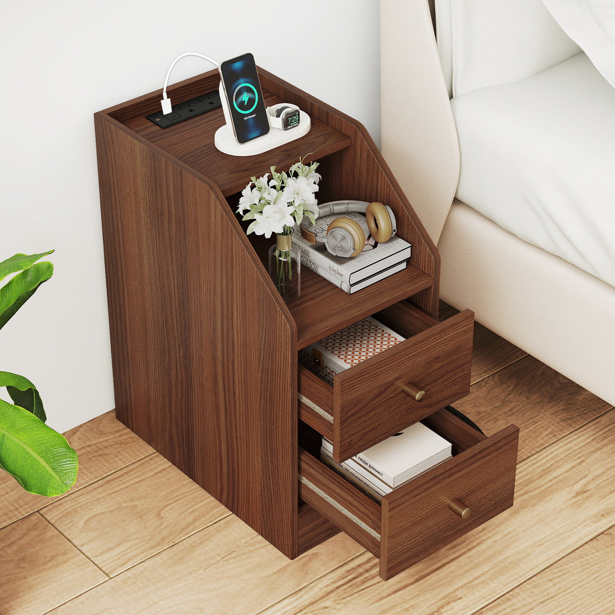 Side End Table with Charging Station & Drawers, Walnut