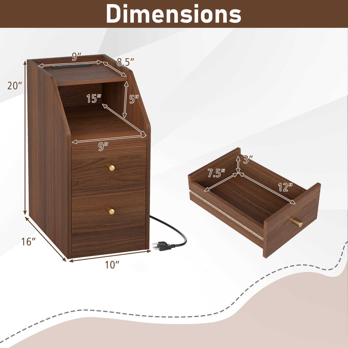 Side End Table with Charging Station & Drawers, Walnut