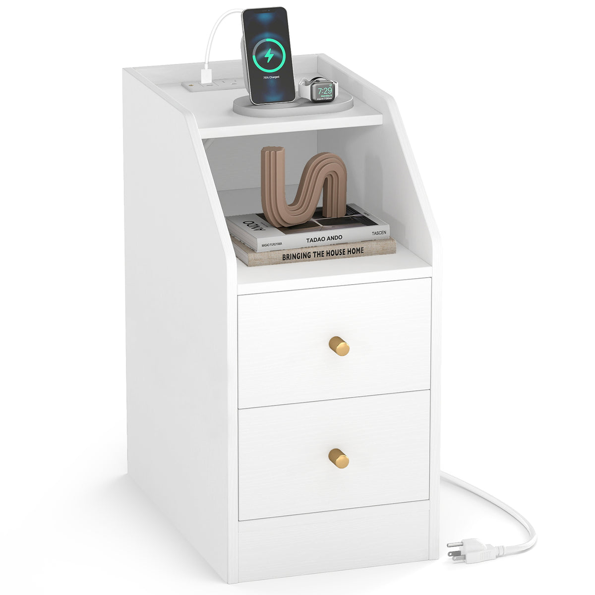 Set of 2 Side End Tables with Charging Station - Walnut