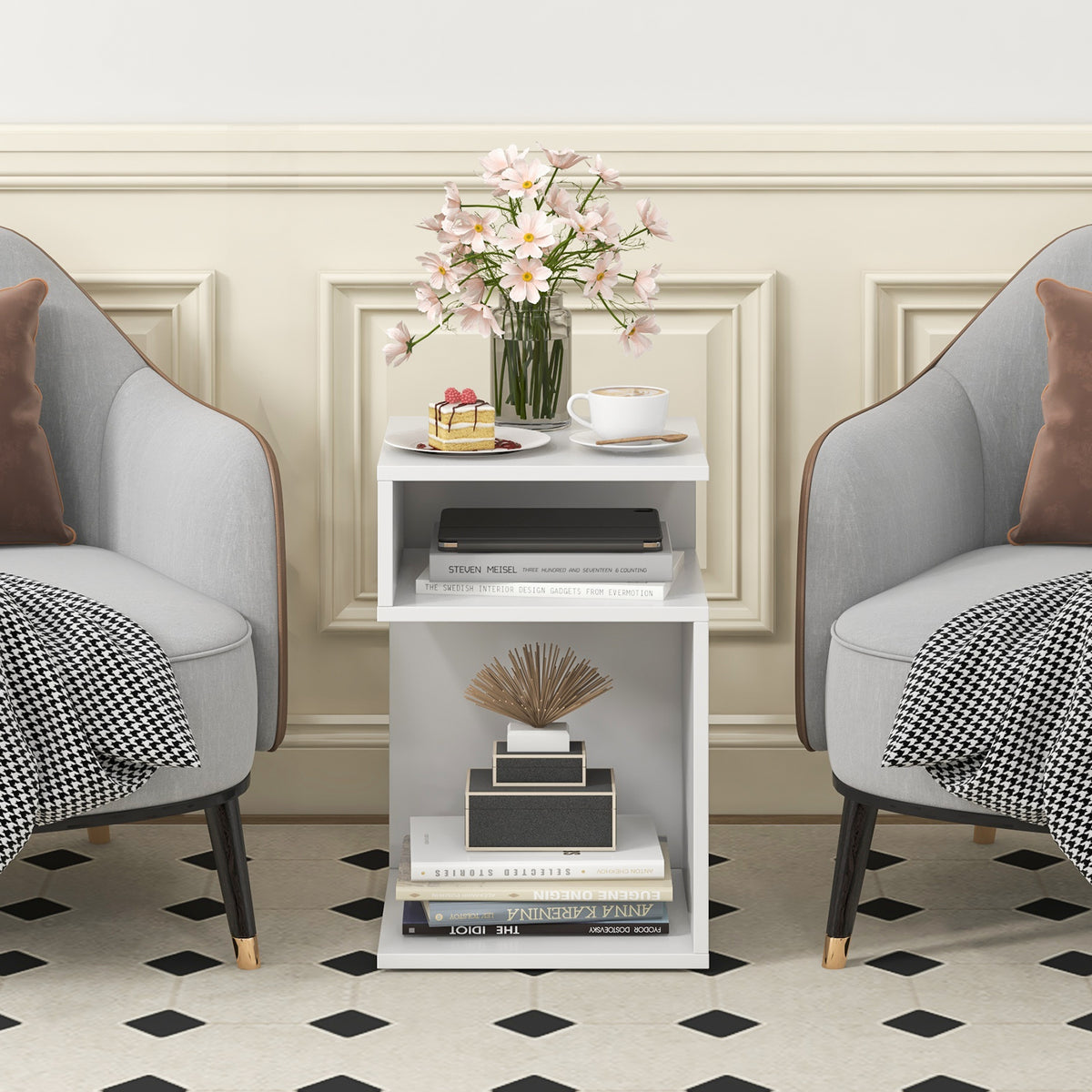 S-Shaped Side Table, White - Compact Accent Table