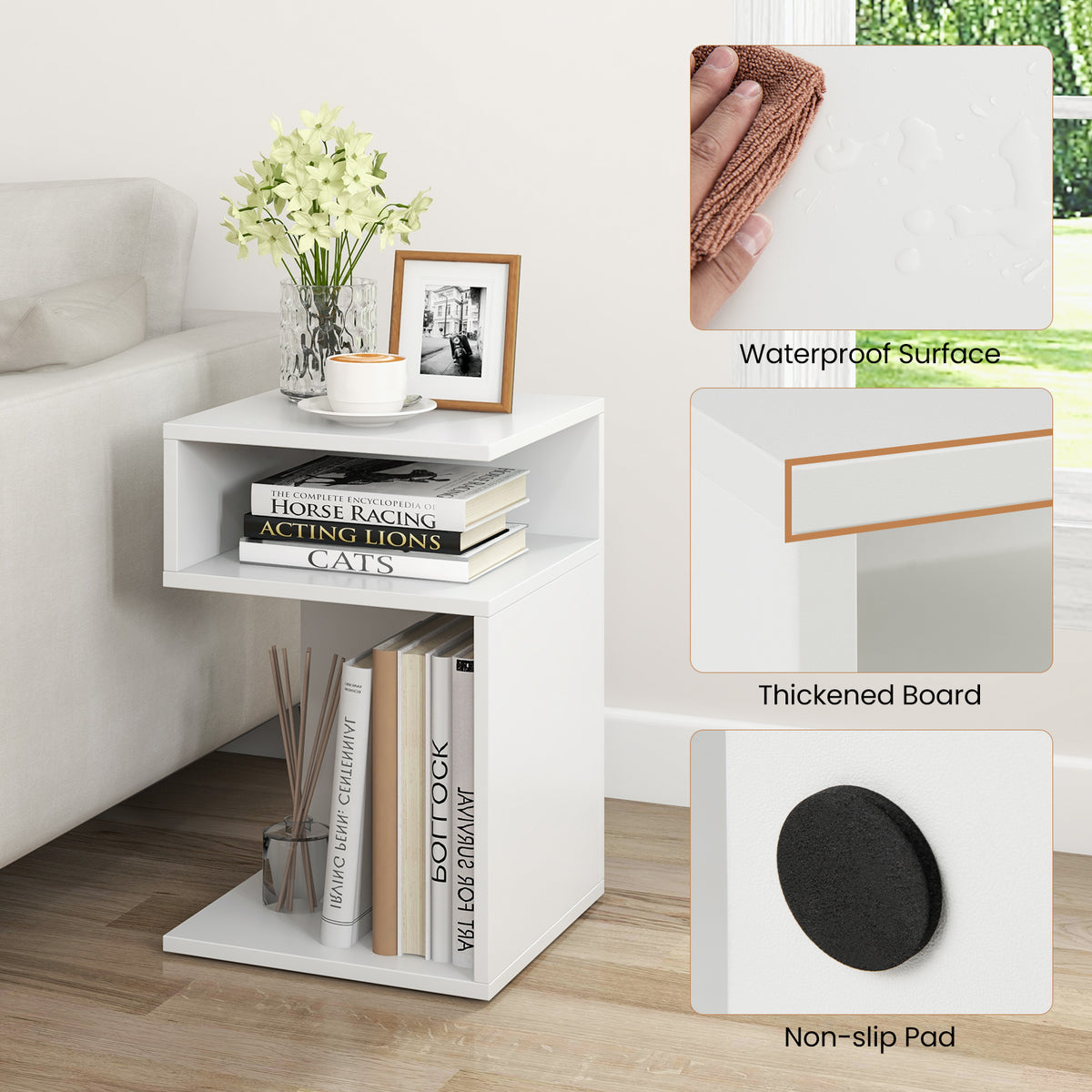S-Shaped Side Table, White - Compact Accent Table