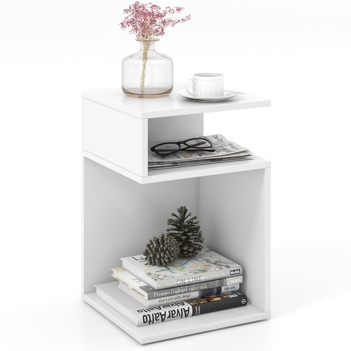 S-Shaped Side Table, White - Compact Accent Table