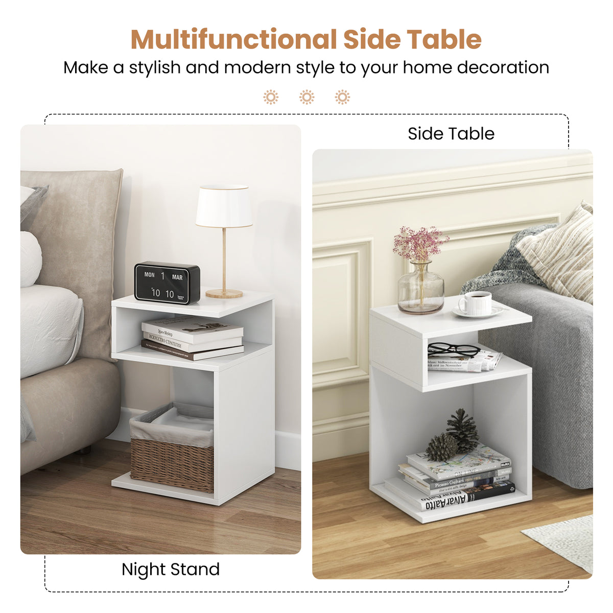 S-Shaped Side Table, White - Compact Accent Table