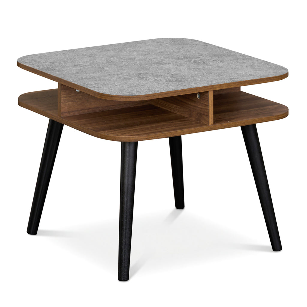 Faux Marble Side Table with Storage Shelves, Walnut