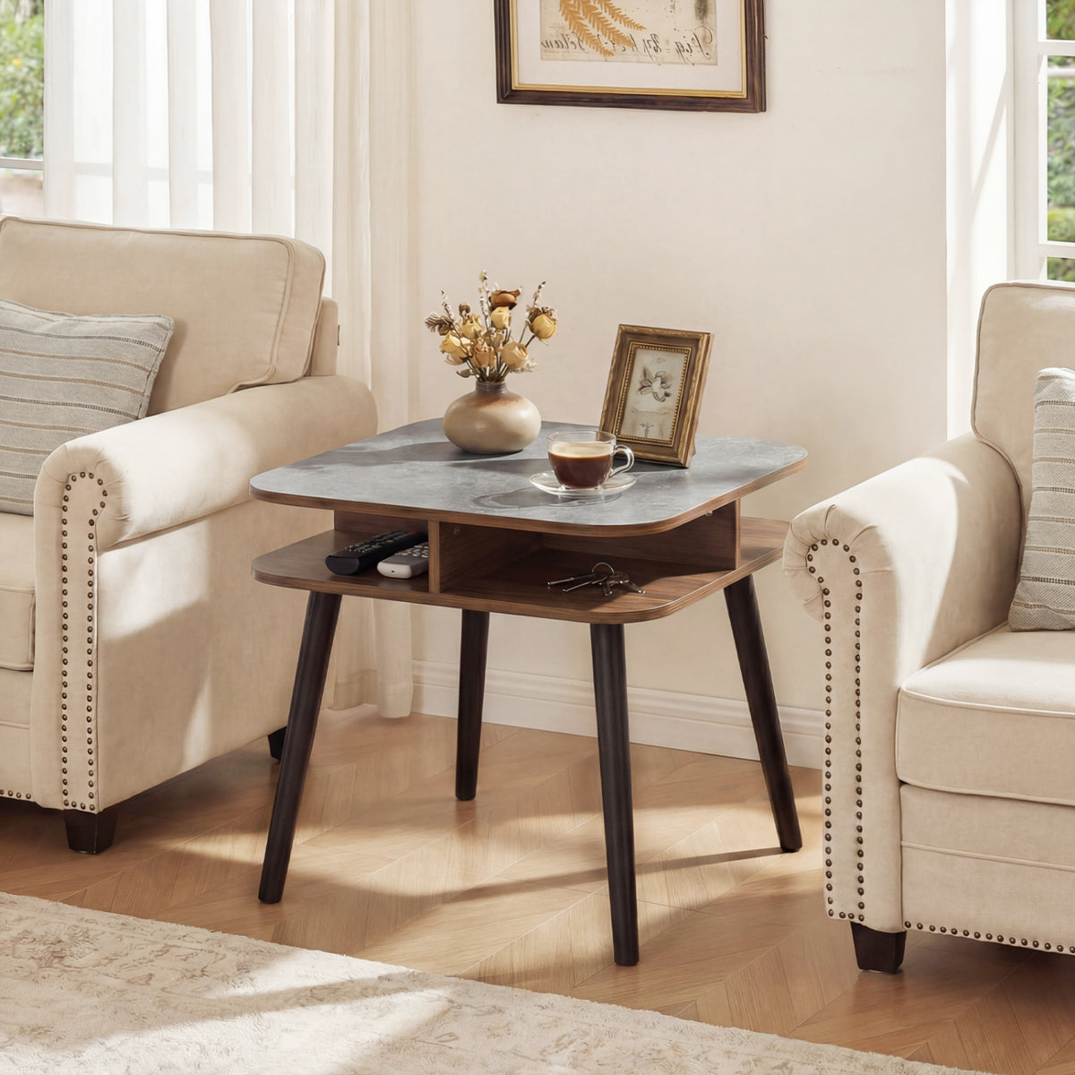 Faux Marble Side Table with Storage Shelves, Walnut