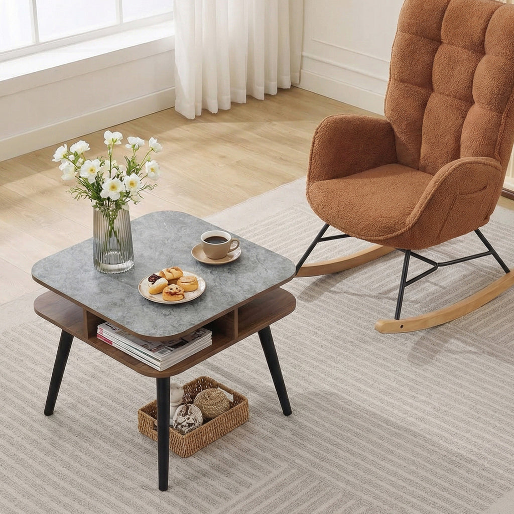 Faux Marble Side Table with Storage Shelves, Walnut