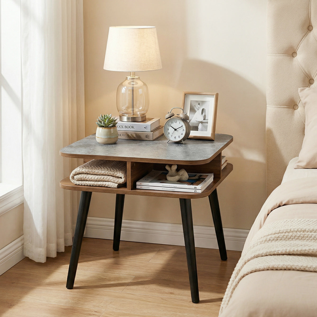 Faux Marble Side Table with Storage Shelves, Walnut