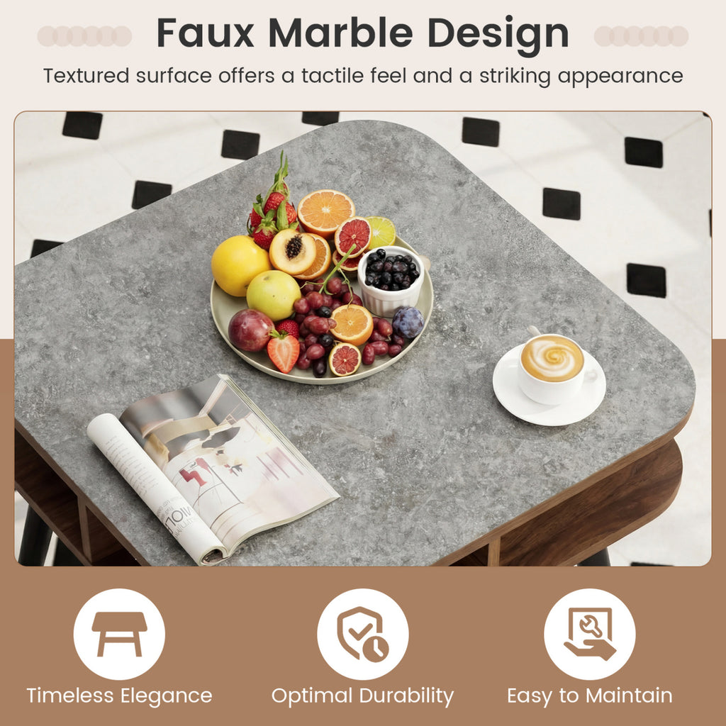 Faux Marble Side Table with Storage Shelves - Walnut