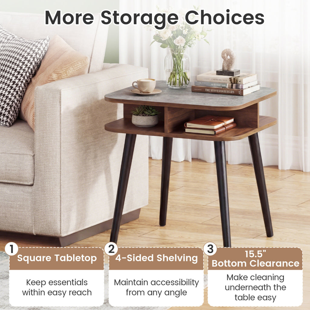 Faux Marble Side Table with Storage Shelves, Walnut