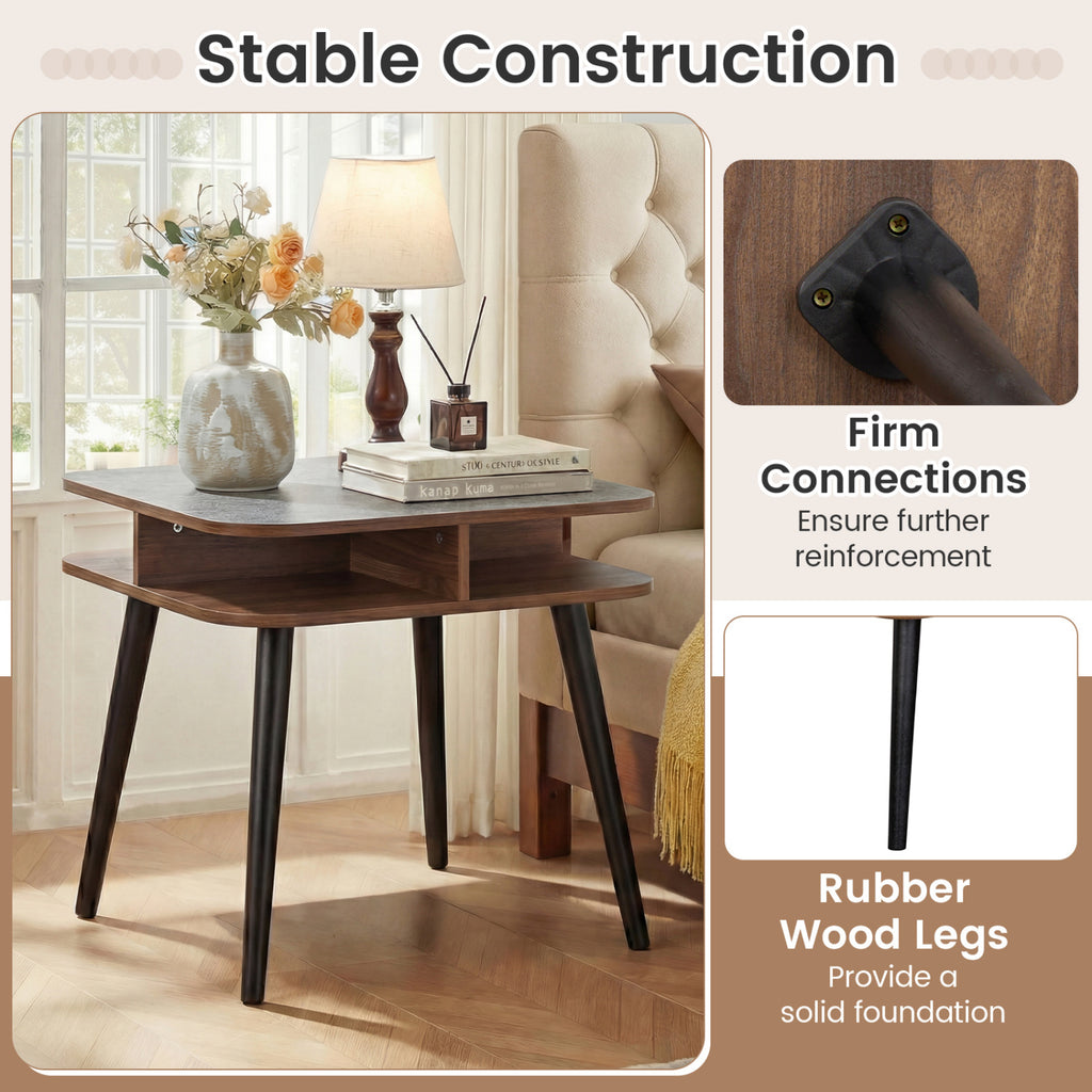 Faux Marble Side Table with Storage Shelves, Walnut
