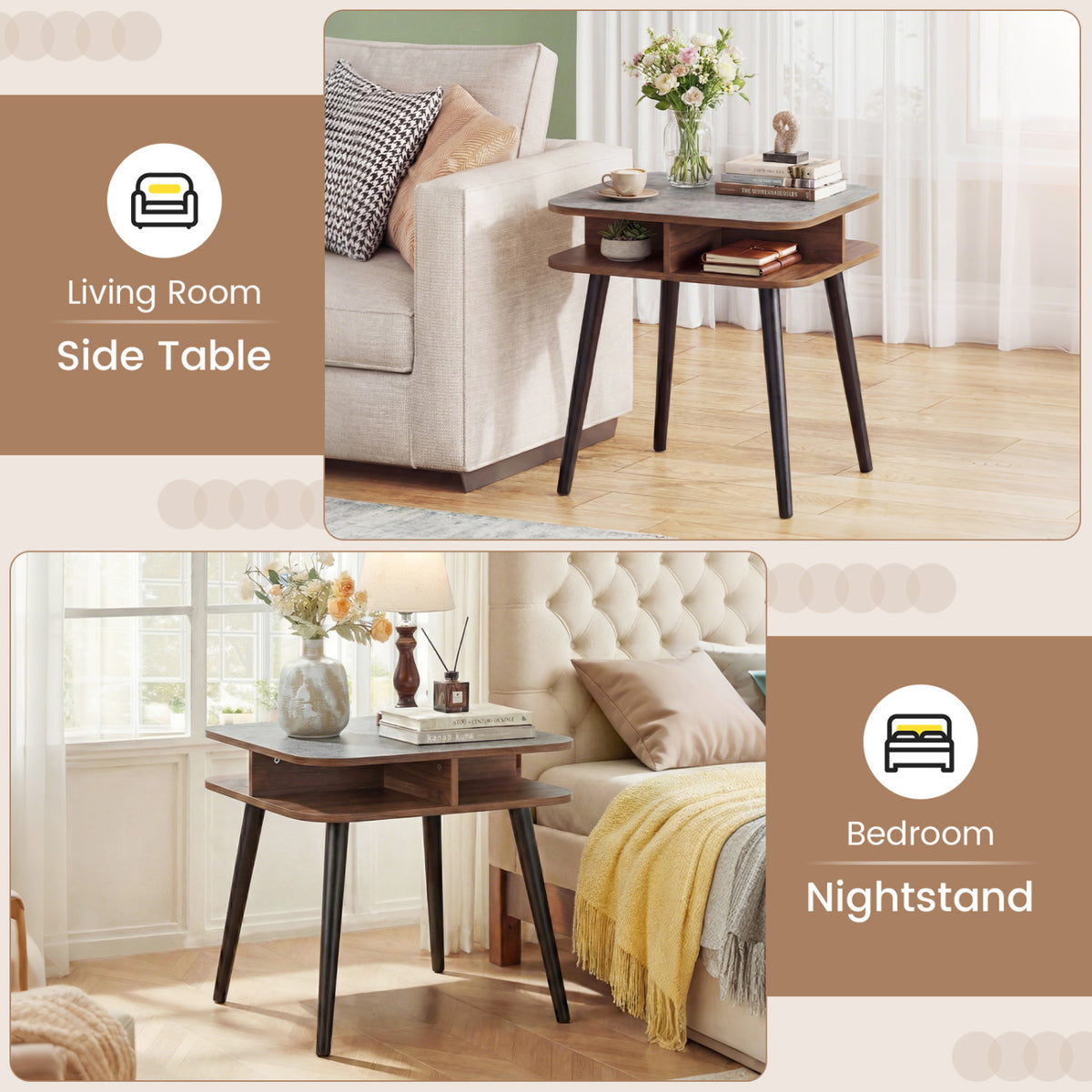 Faux Marble Side Table with Storage Shelves, Walnut