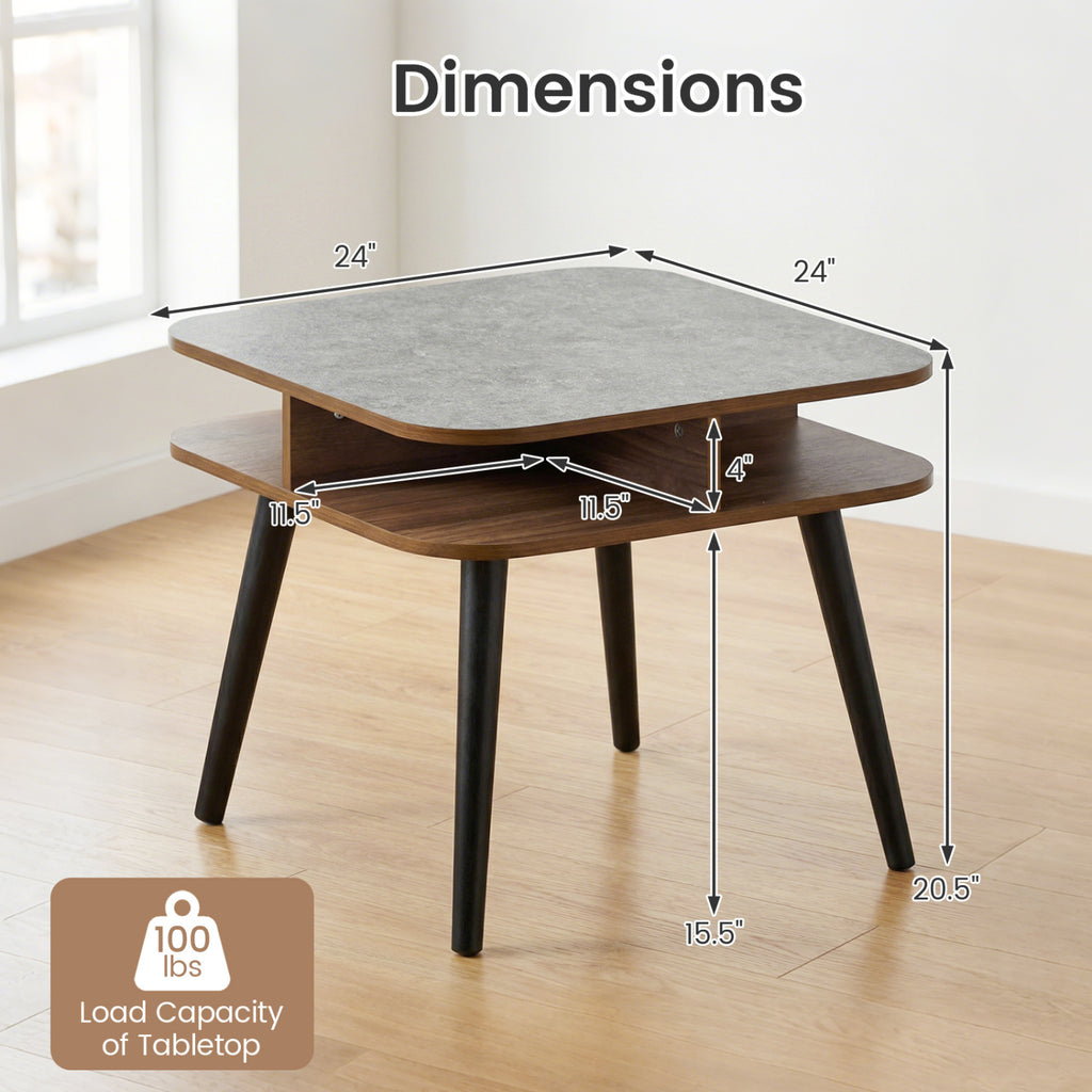 Faux Marble Side Table with Storage Shelves, Walnut