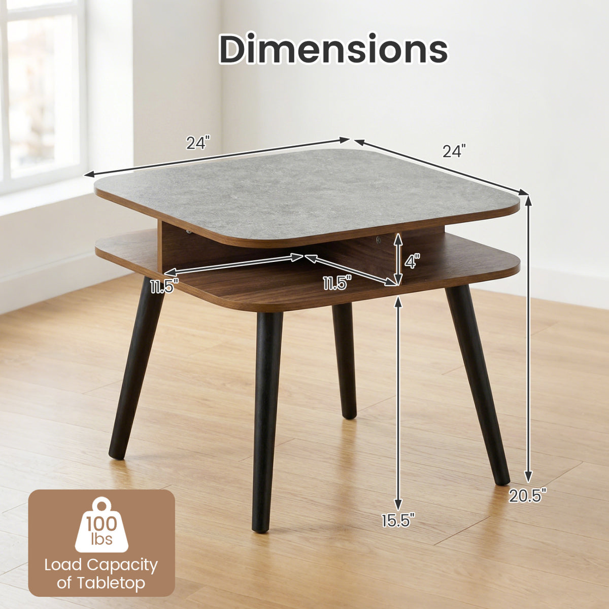 Faux Marble Side Table with Storage Shelves, Walnut