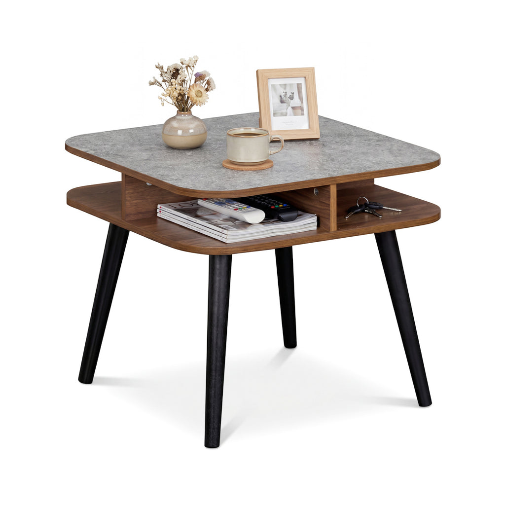 Faux Marble Side Table with Storage Shelves, Walnut