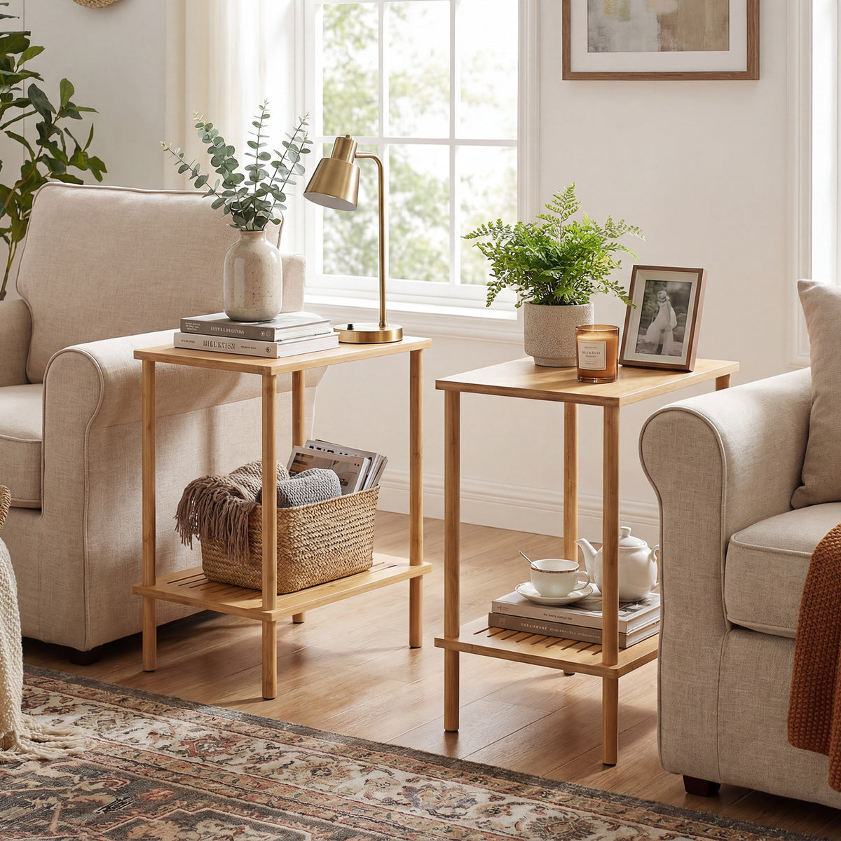 2-Tier Bamboo End Table with Storage, Natural