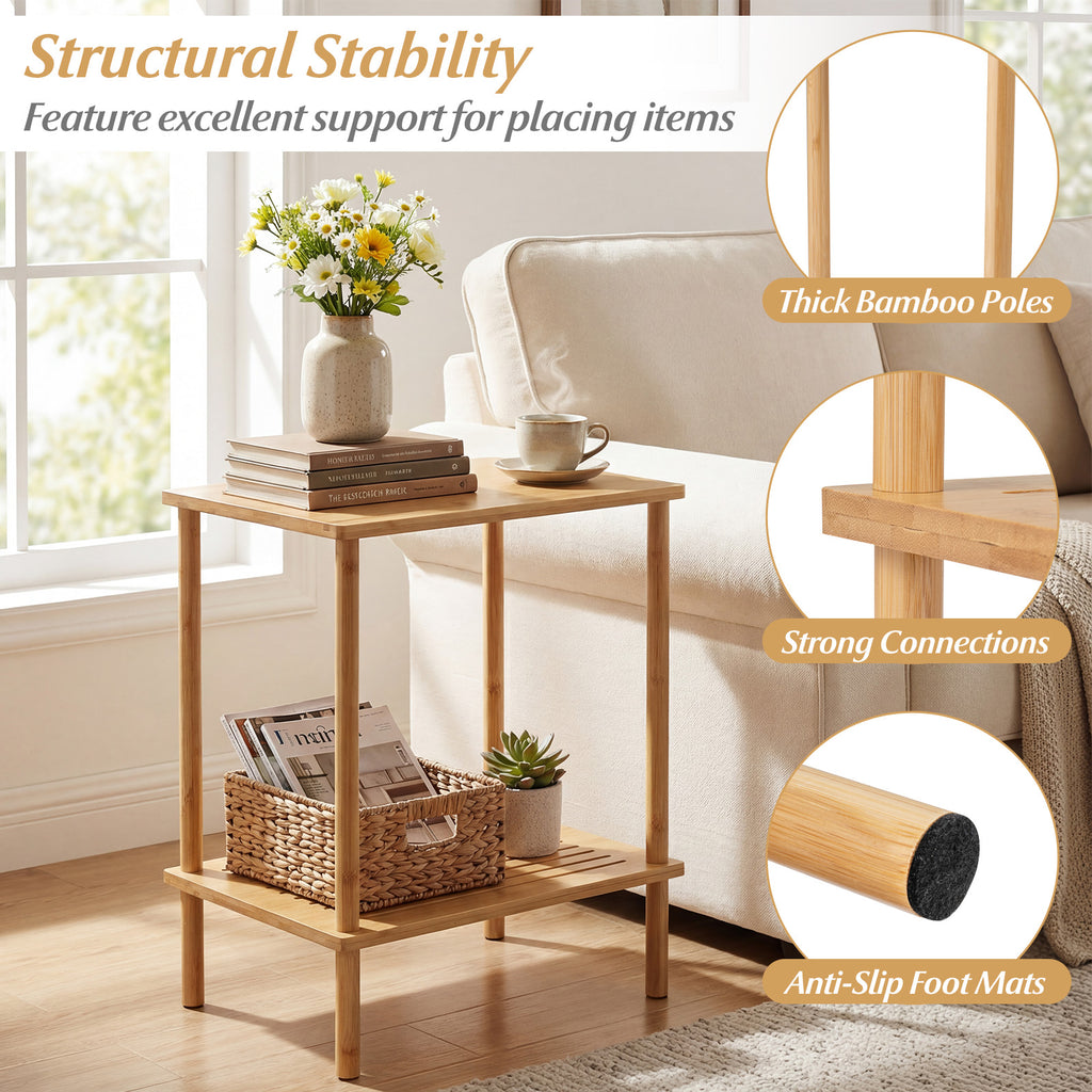 2-Tier Bamboo End Table with Storage Shelves, Natural