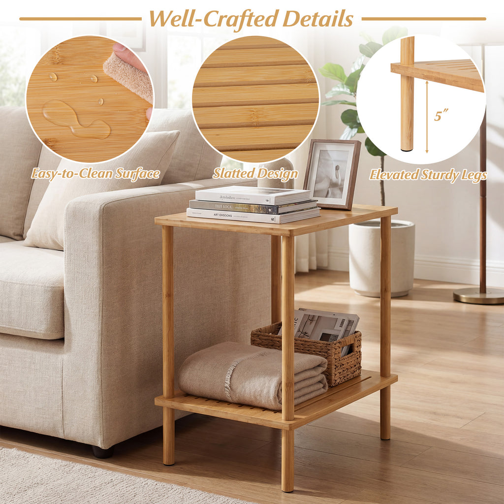 2-Tier Bamboo End Table with Storage Shelves, Natural