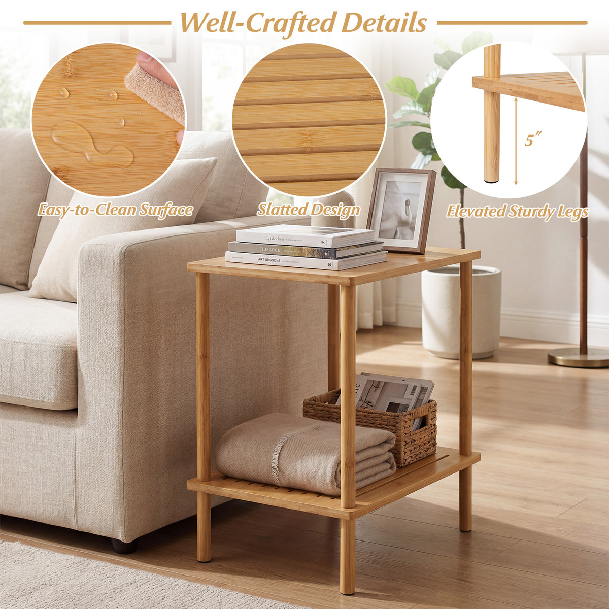 2-Tier Bamboo End Table with Storage Shelves, Natural