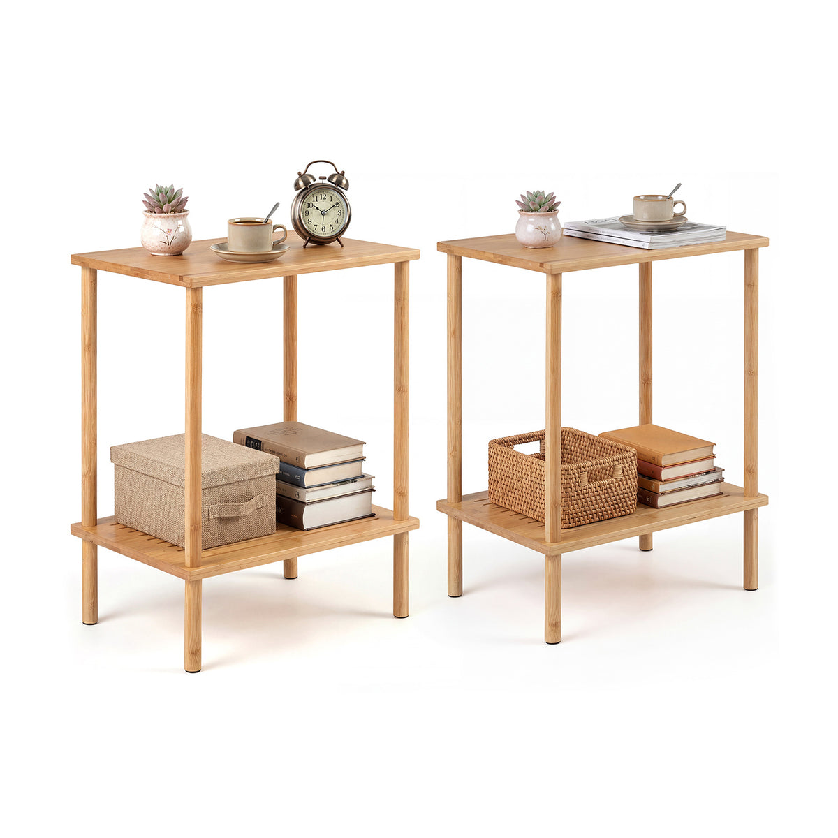 2-Tier Bamboo End Table with Storage Shelves, Natural