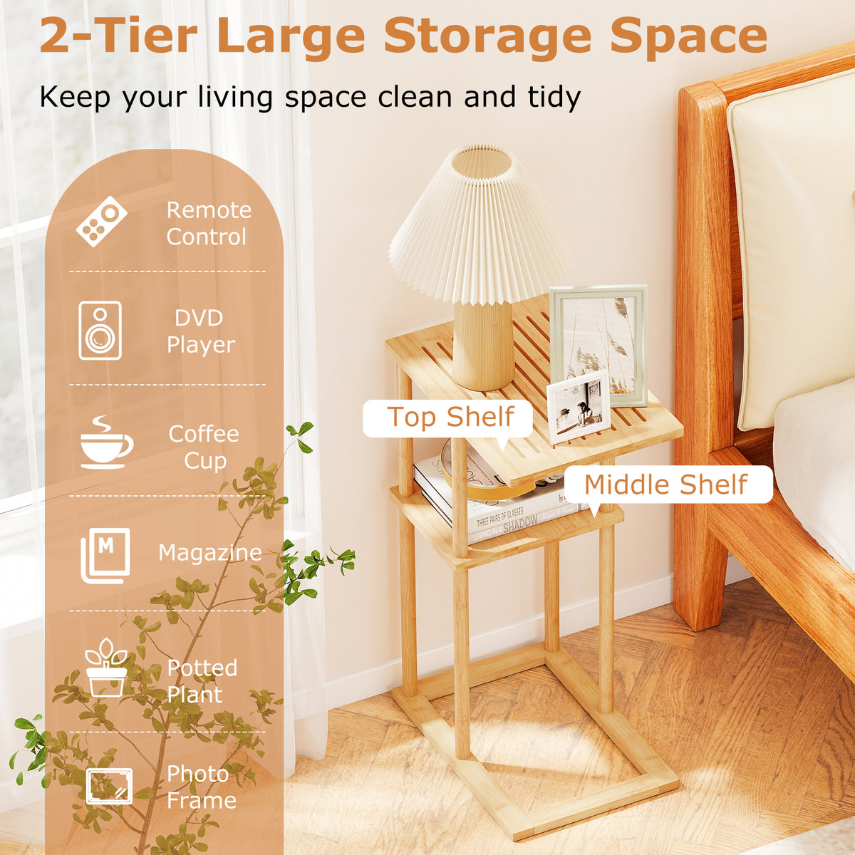 Bamboo Side Table with Storage Shelves - Natural