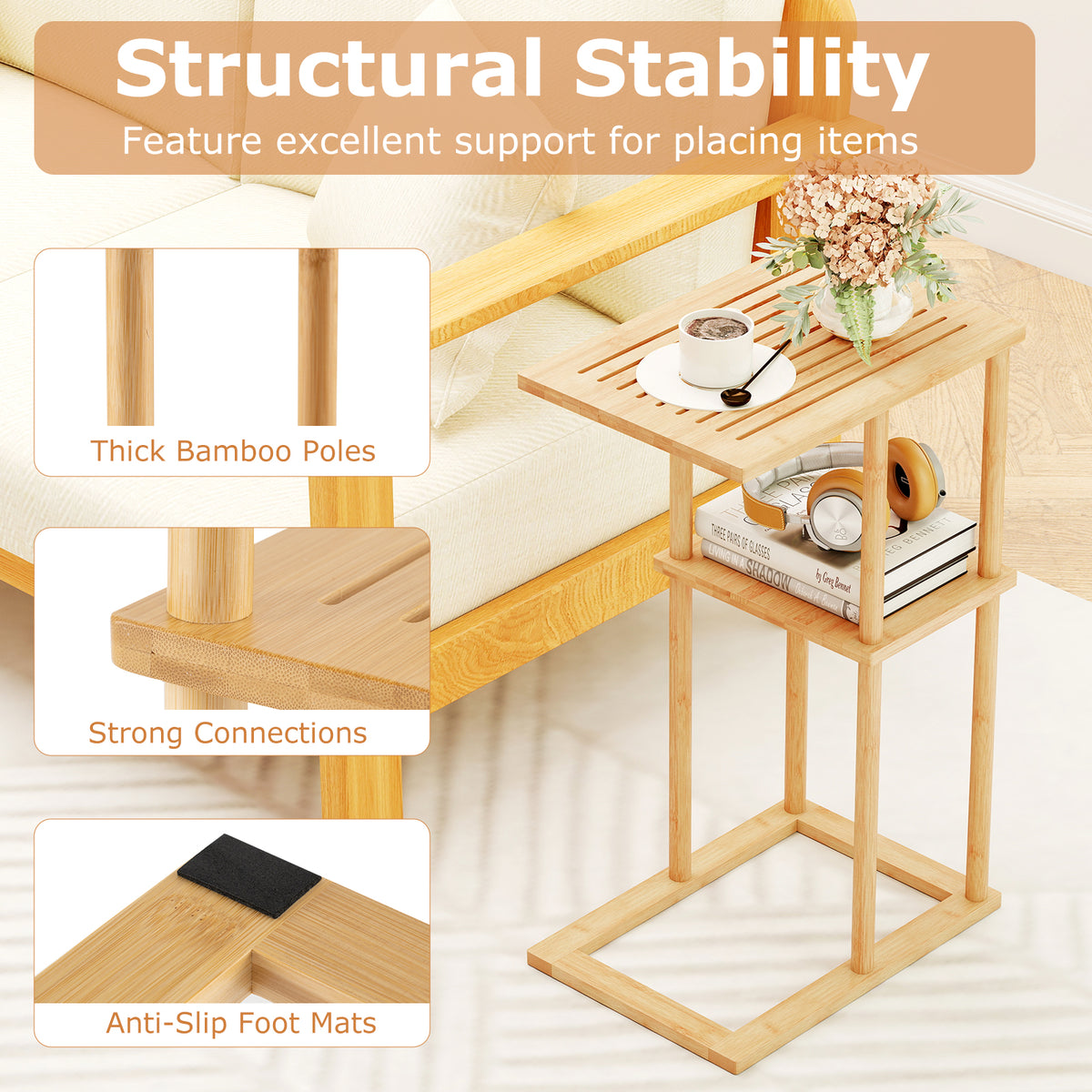 Bamboo Side Table with Storage Shelves - Natural