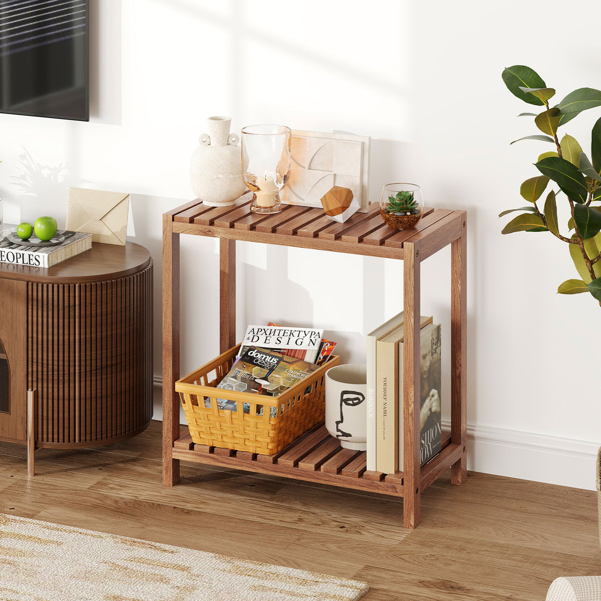 2/3-Tier Side Table Teak Wood Stand Utility Storage Shelf