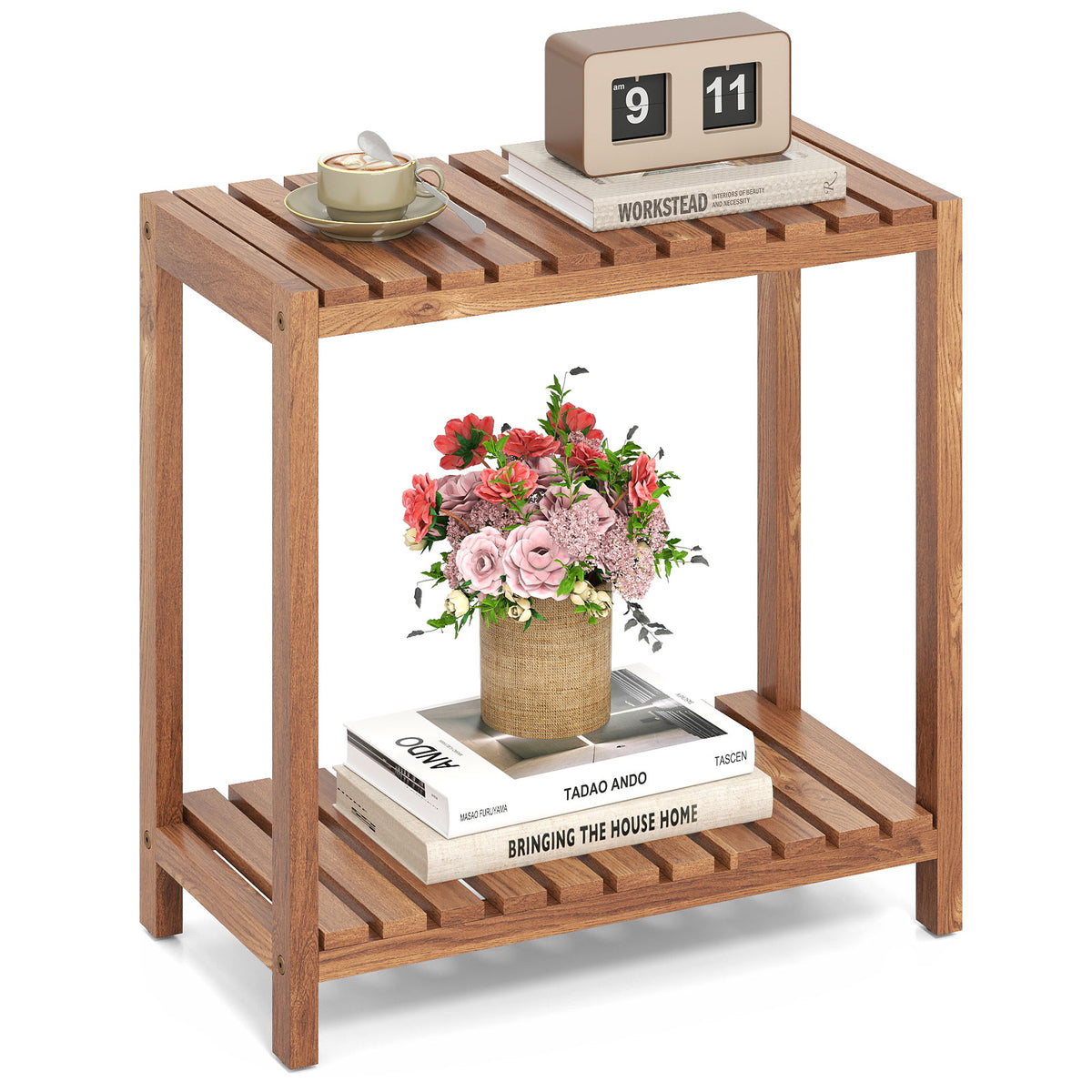 2/3-Tier Side Table Teak Wood Stand Utility Storage Shelf