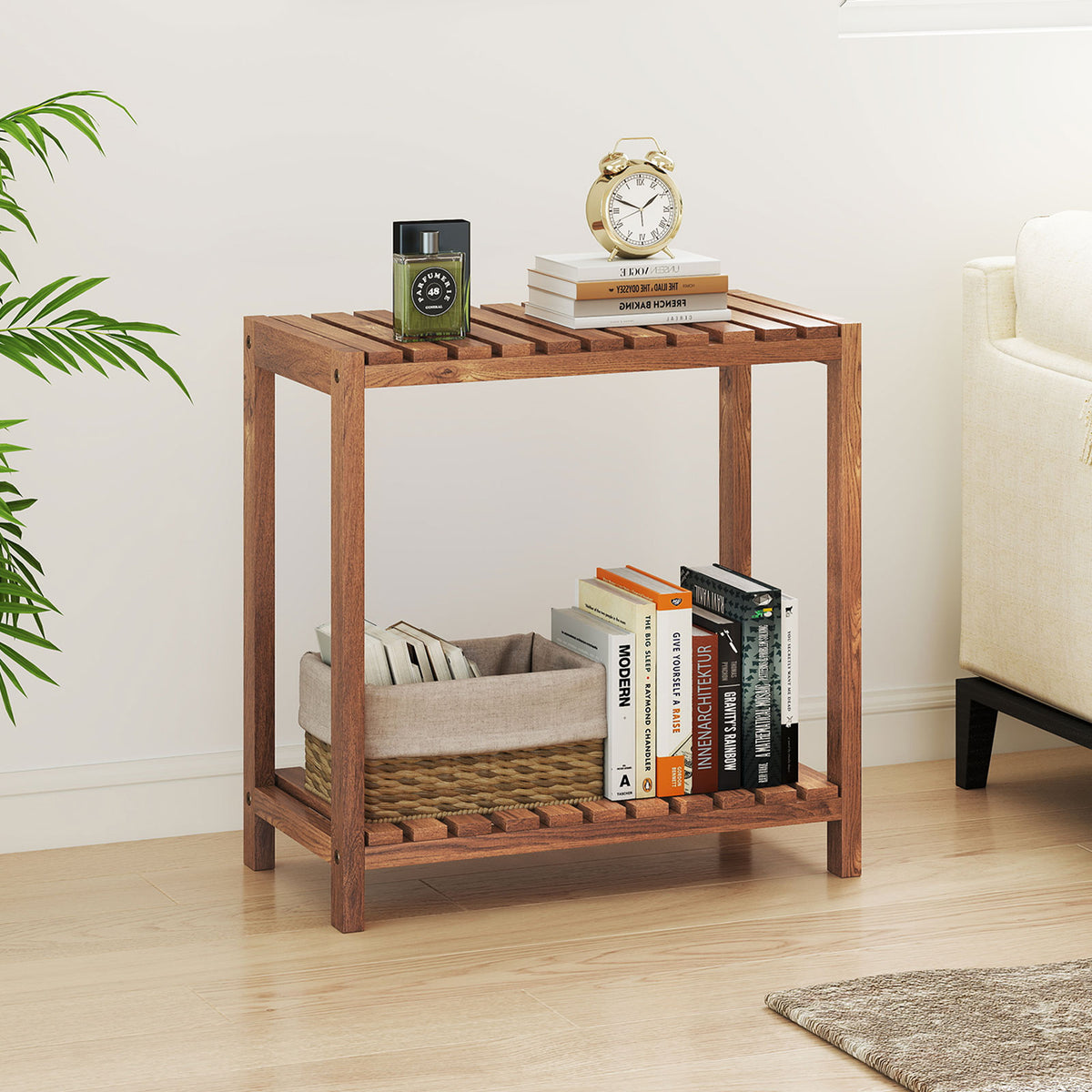 2/3-Tier Side Table Teak Wood Stand Utility Storage Shelf