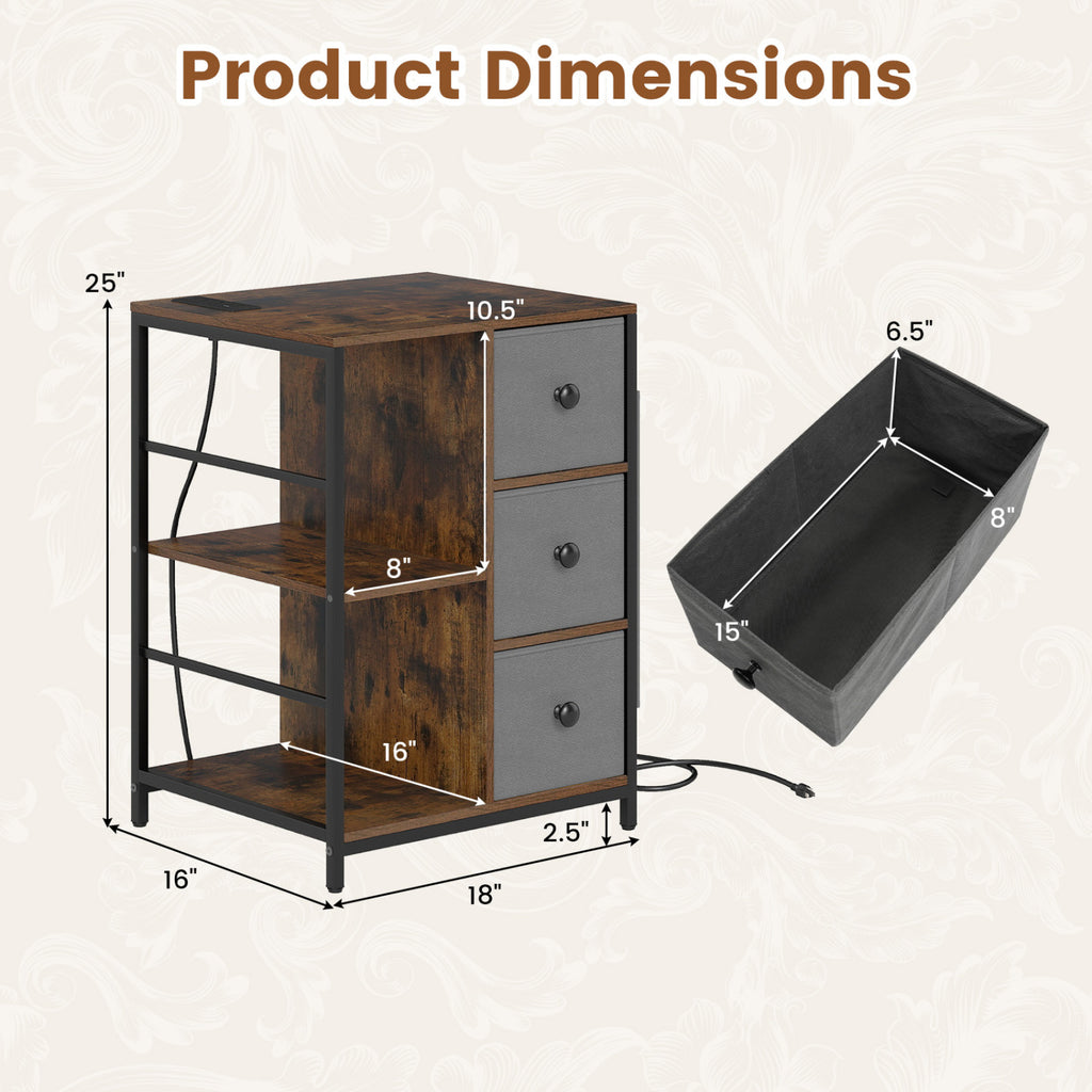 Industrial Nightstand with Charging Station, Rustic Brown