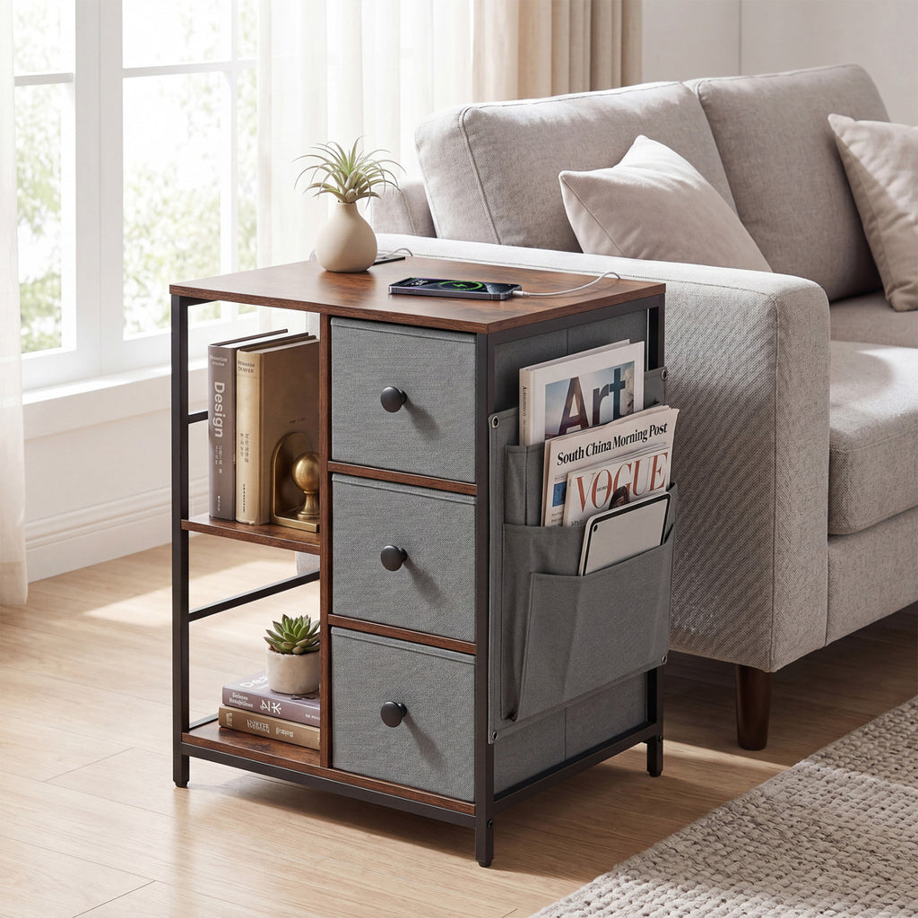 Industrial Nightstand with Charging Station, Rustic Brown