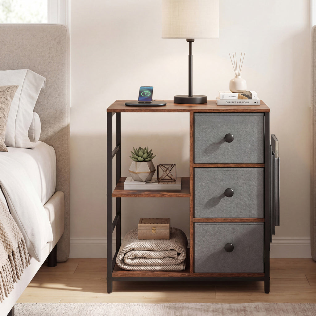 Industrial Nightstand with Charging Station, Rustic Brown