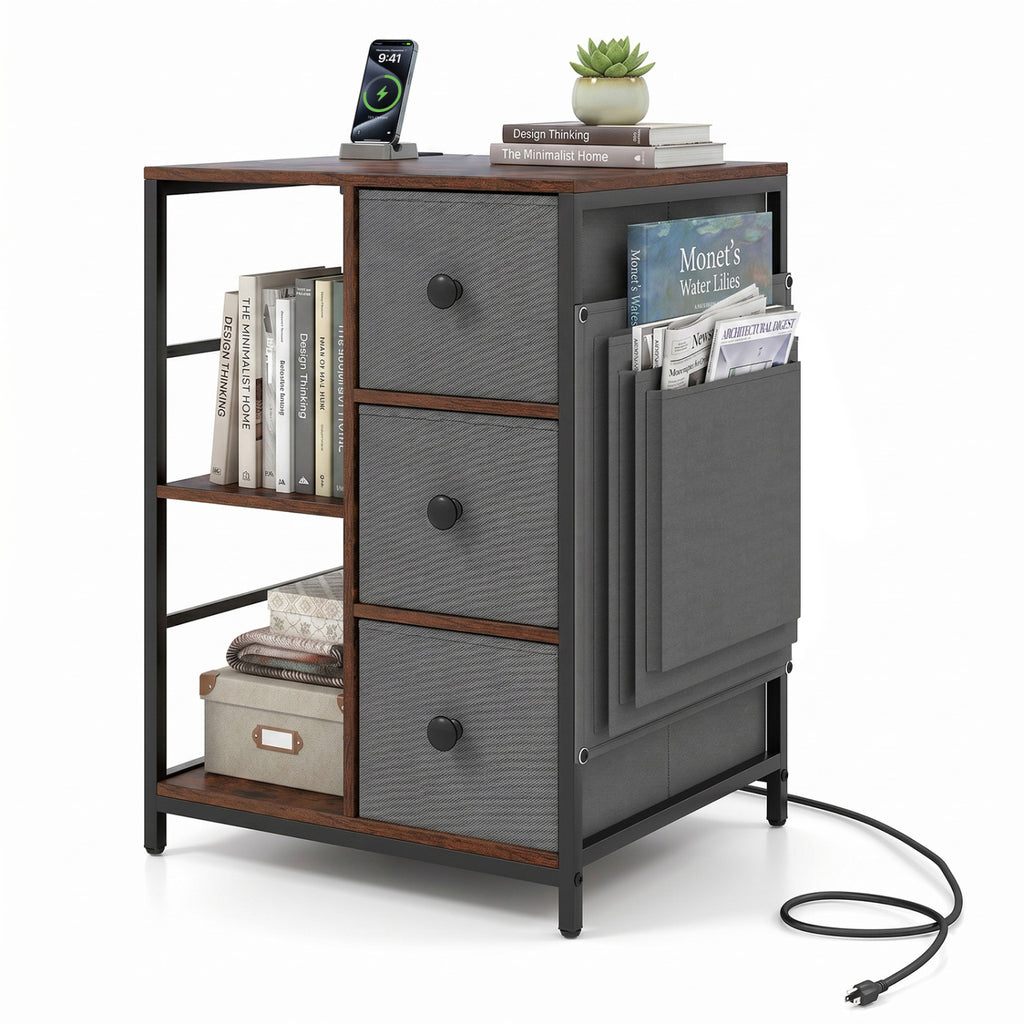 Industrial Nightstand with Charging Station, Rustic Brown