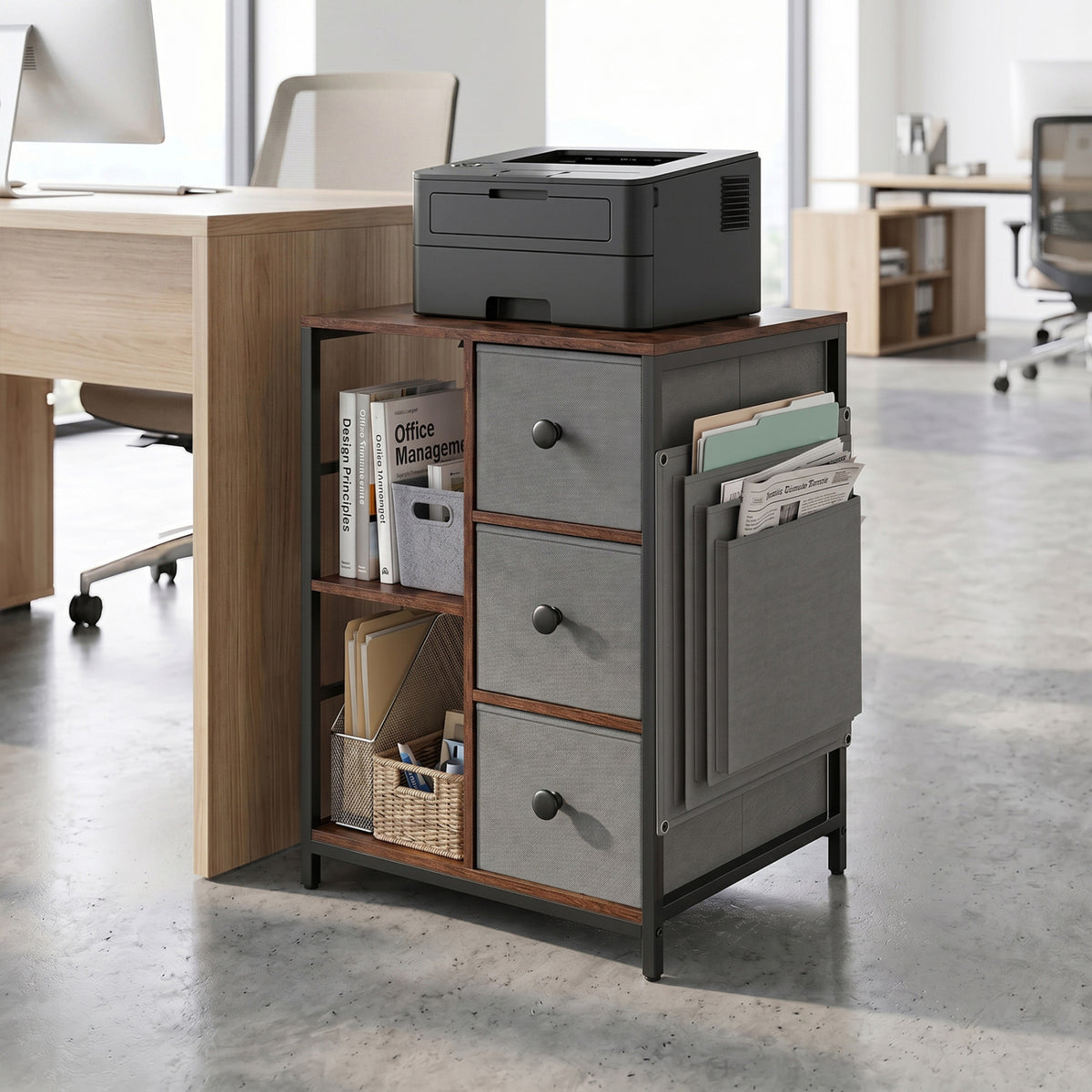 Industrial Nightstand with Charging Station, Rustic Brown