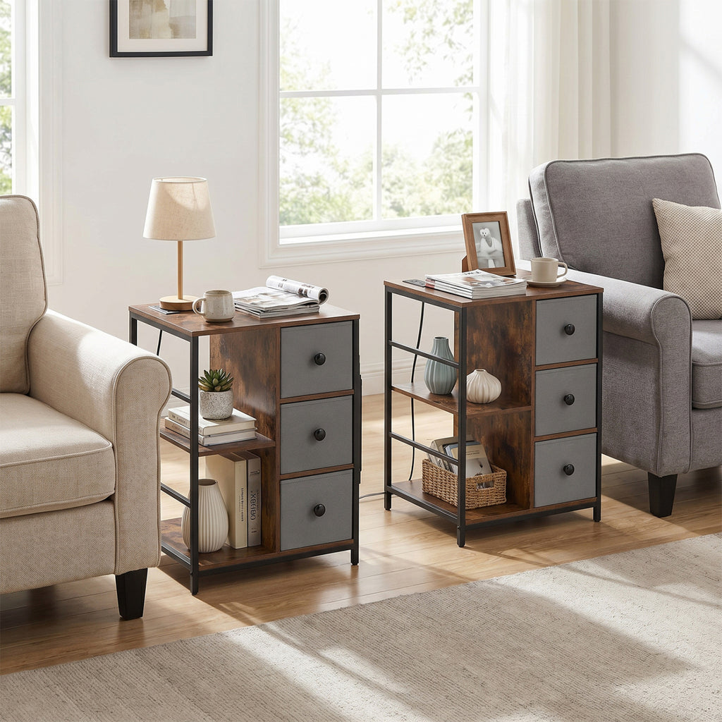 Industrial Nightstand with Charging Station, Rustic Brown