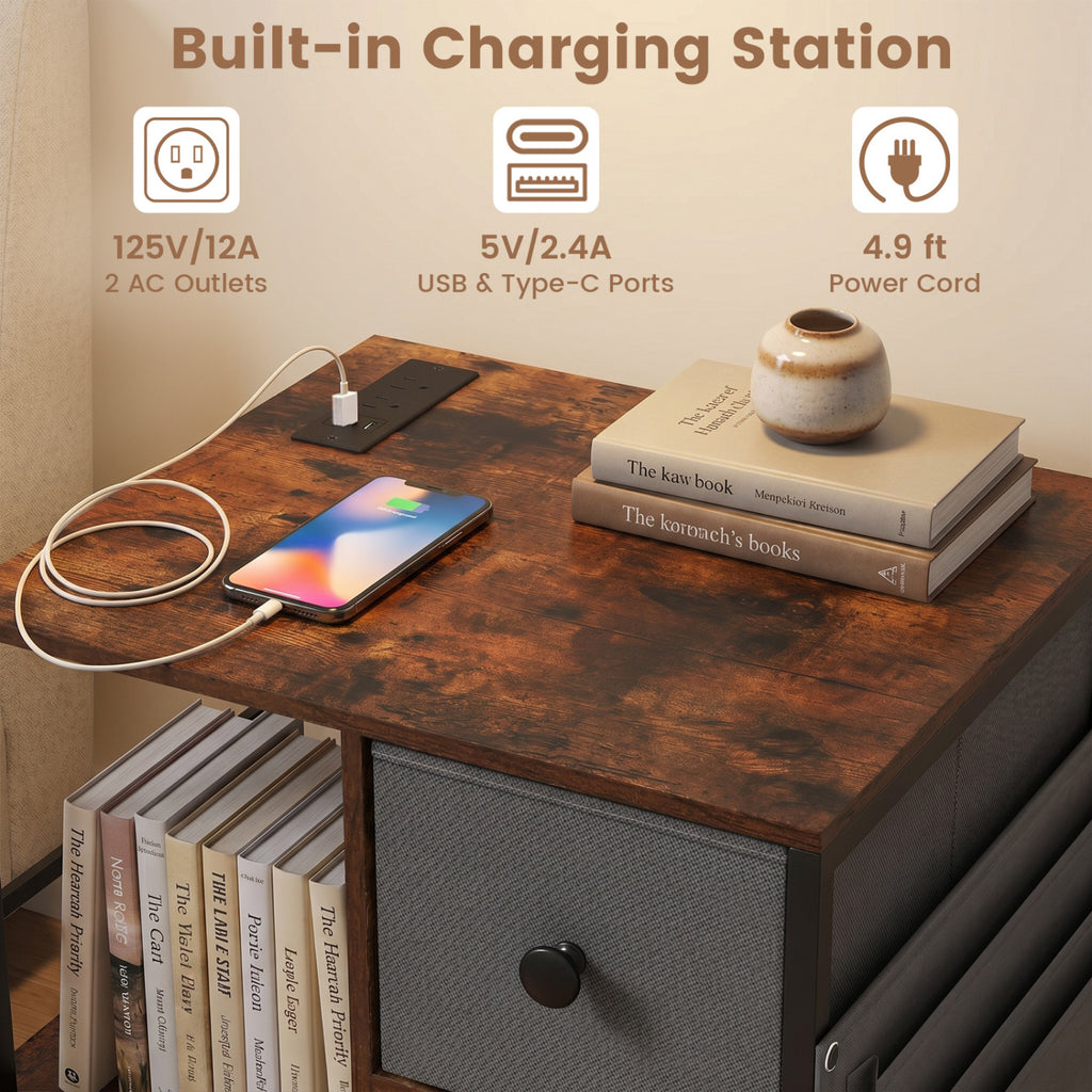 Industrial Nightstand with Charging Station, Rustic Brown