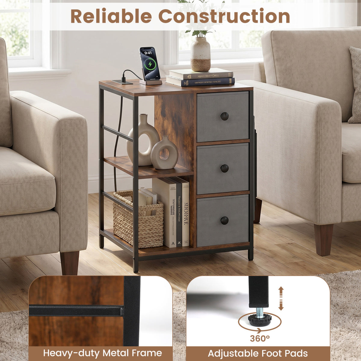 Industrial Nightstand with Charging Station, Rustic Brown