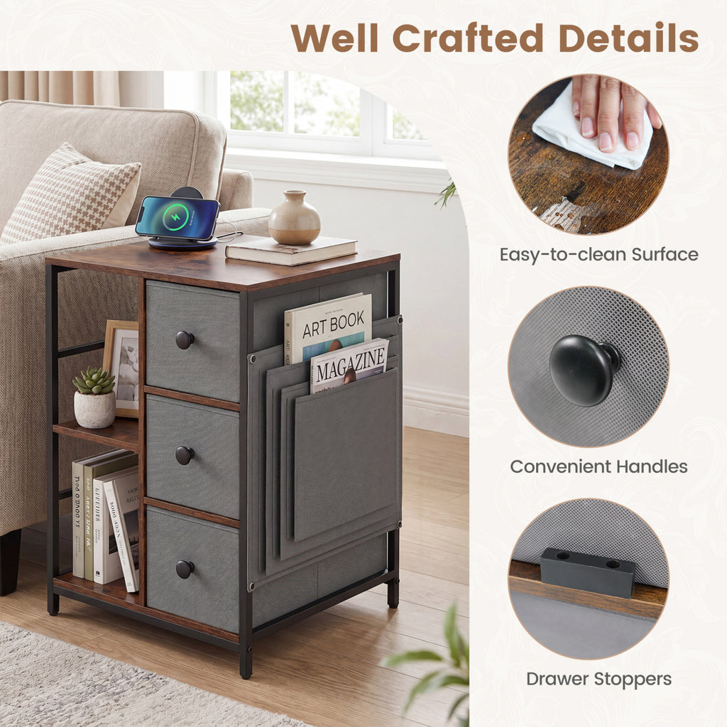 Industrial Nightstand with Charging Station, Rustic Brown