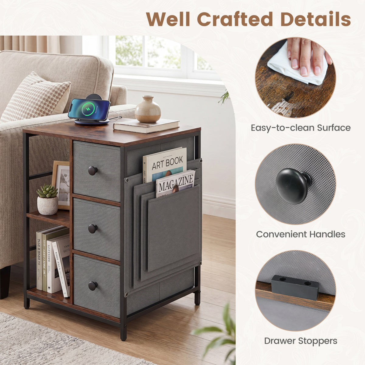 Industrial Nightstand with Charging Station, Rustic Brown