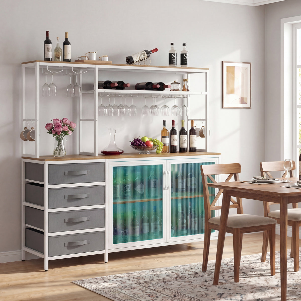 Sideboard Buffet Cabinet with LED Lights & Power Outlets - Natural
