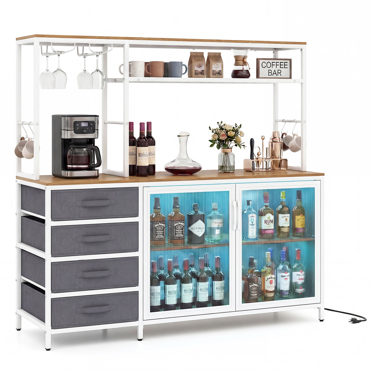 Sideboard Buffet Cabinet with LED Lights & Power Outlets - Natural