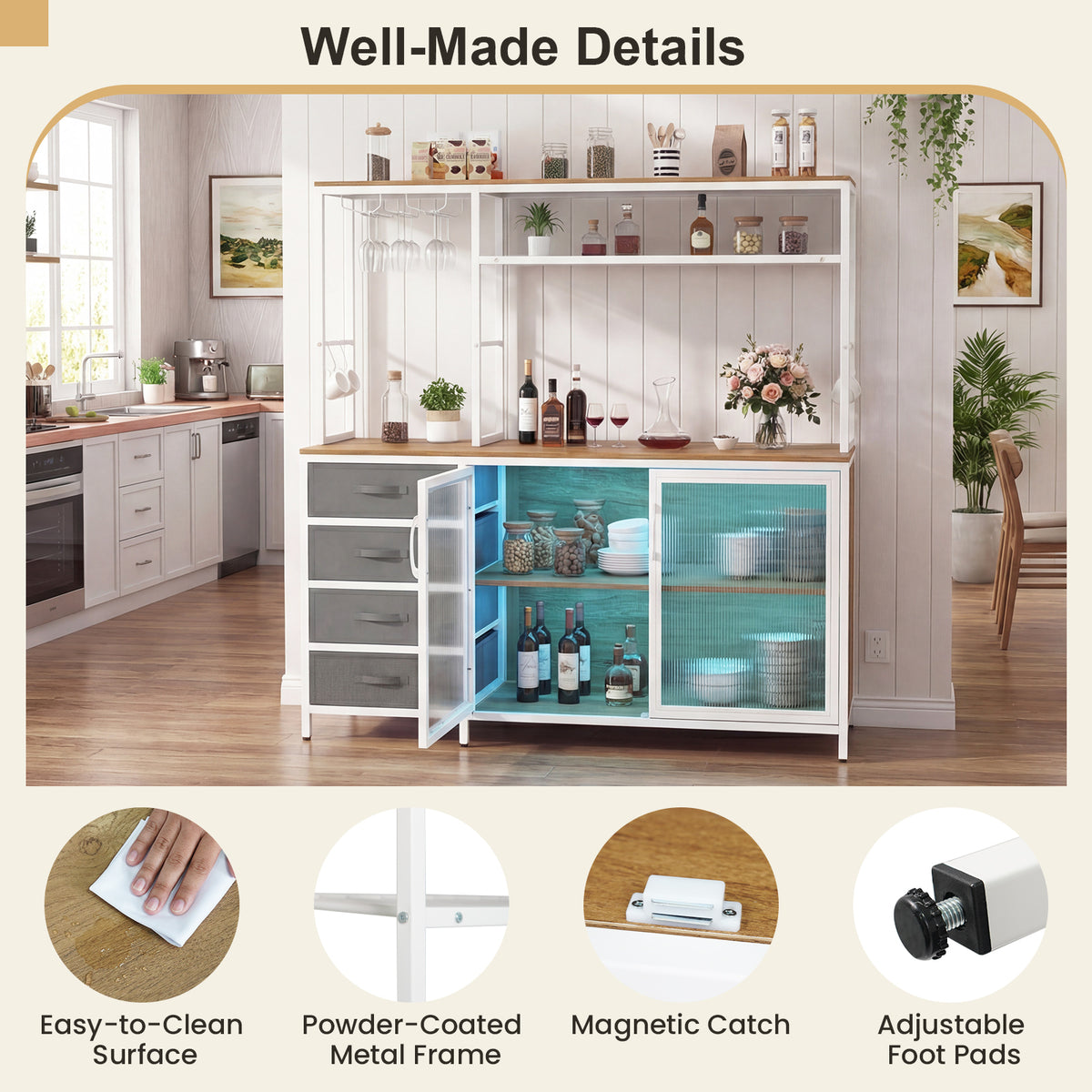 Sideboard Buffet Cabinet with LED Lights & Power Outlets - Natural