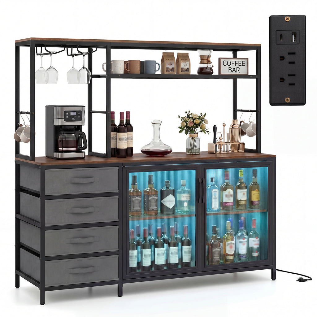 Sideboard Buffet Cabinet with LED Lights & Power Outlets - Natural