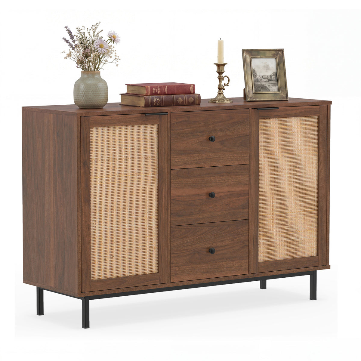 Rustic Farmhouse Buffet Cabinet with Rattan Doors & 3 Drawers - Brown